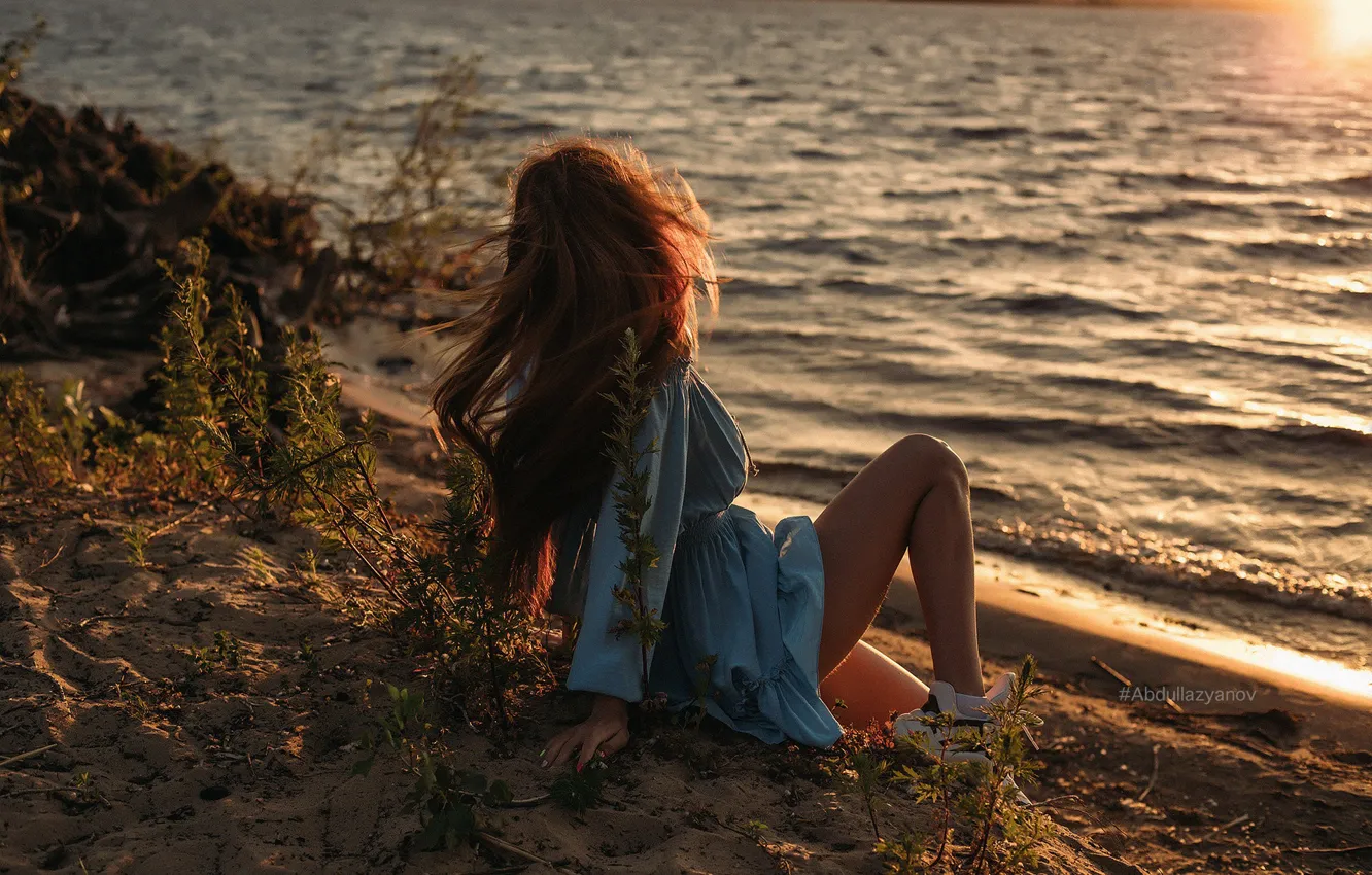 Photo wallpaper sand, sunset, mood, dawn, shore, dress, brown hair, sundress