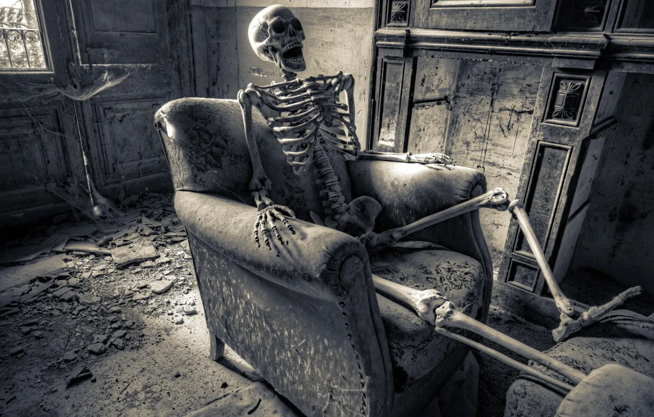 Photo wallpaper background, chair, skeleton