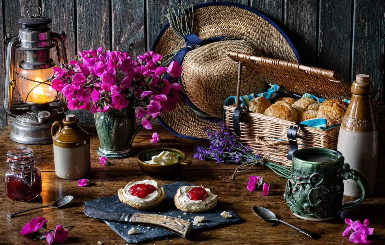 Photo wallpaper flowers, style, bottle, hat, knife, mug, lantern, still life