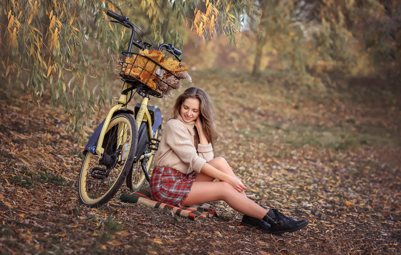 Photo wallpaper autumn, leaves, girl, branches, nature, bike, skirt, brown hair