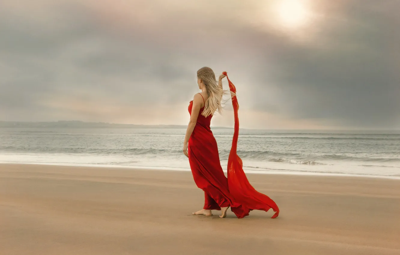 Photo wallpaper sea, girl, the wind, shore, dress, Anne Costello