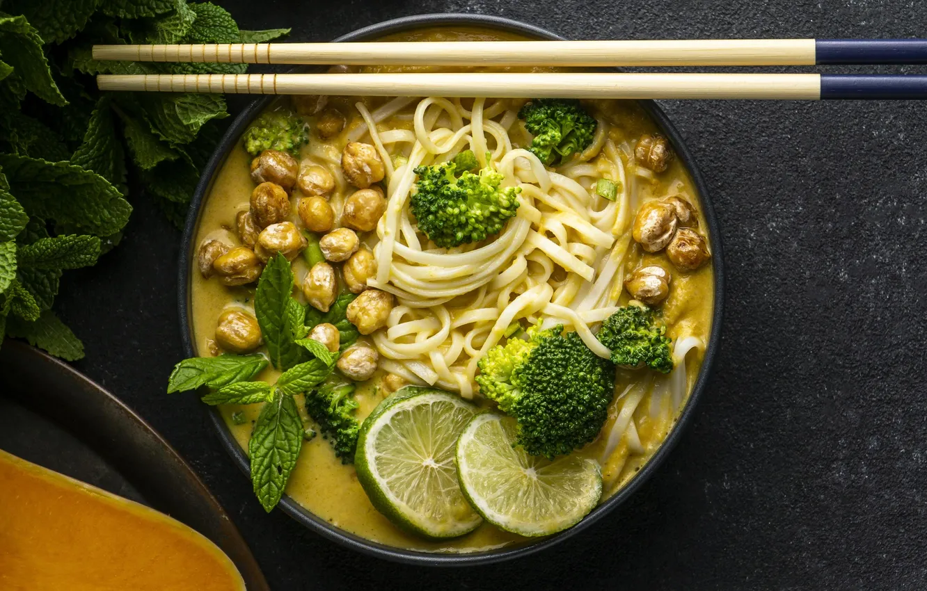 Photo wallpaper table, arrangement, noodles