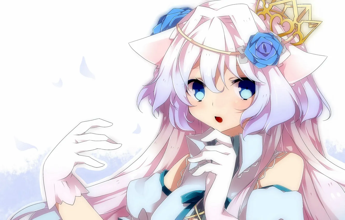 Photo wallpaper girl, flowers, roses, anime, crown, petals, art, ears