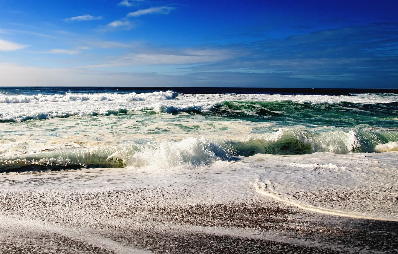 Photo wallpaper sea, wave, the sky, shore, blue