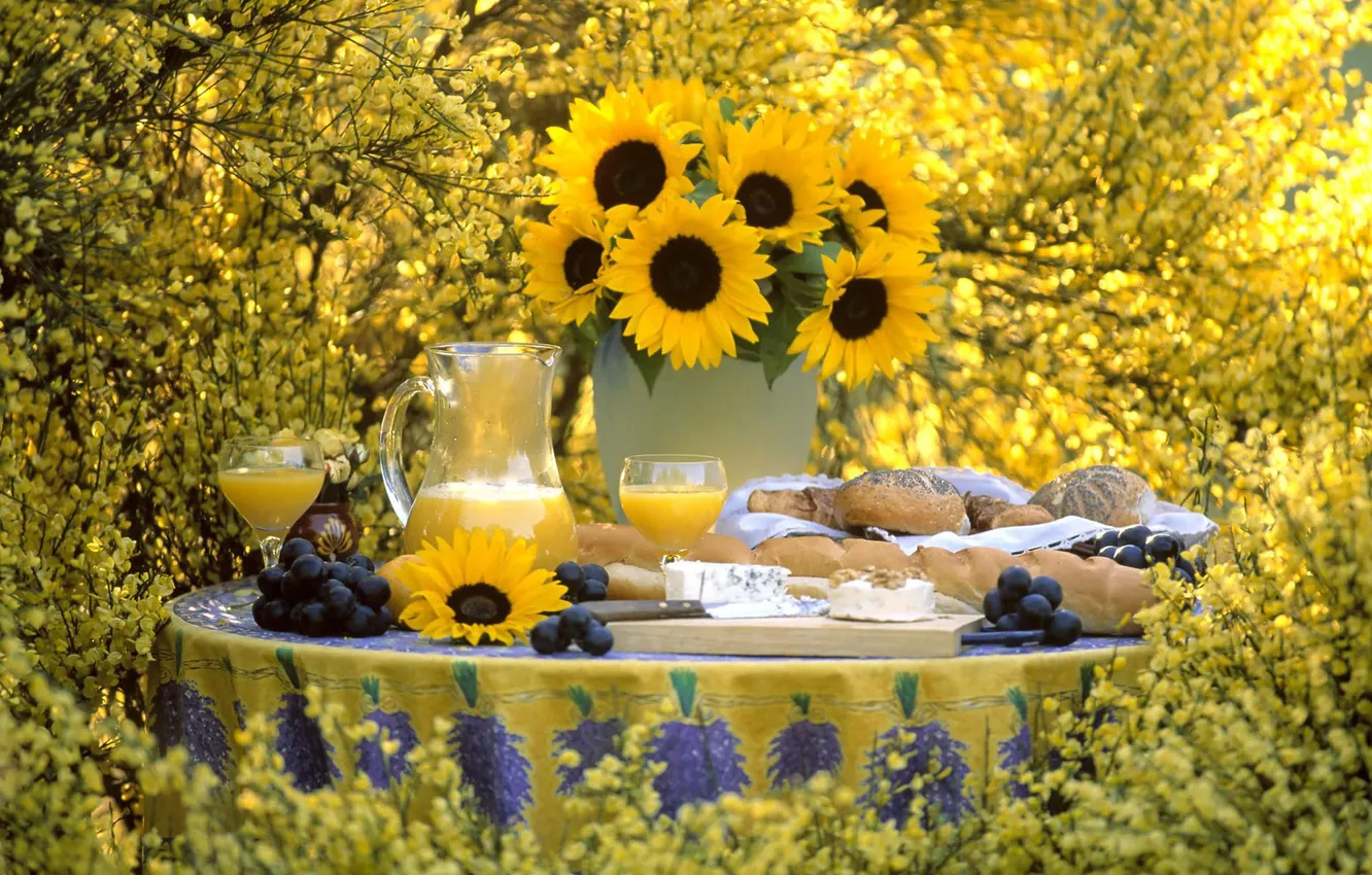 Photo wallpaper sunflowers, flowers, yellow, nature, table, juice, grapes
