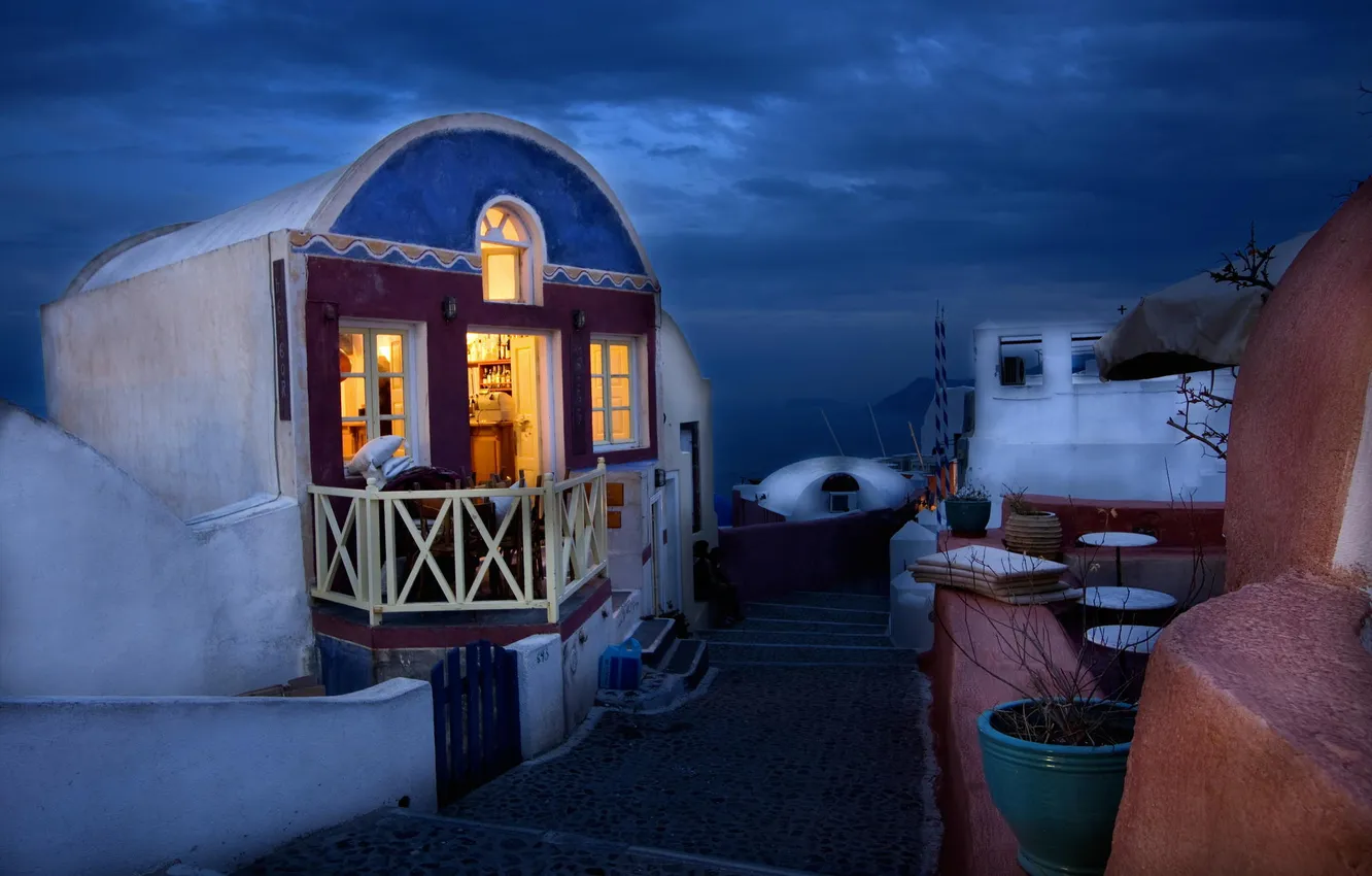 Photo wallpaper night, house, the evening, Santorini, Greece