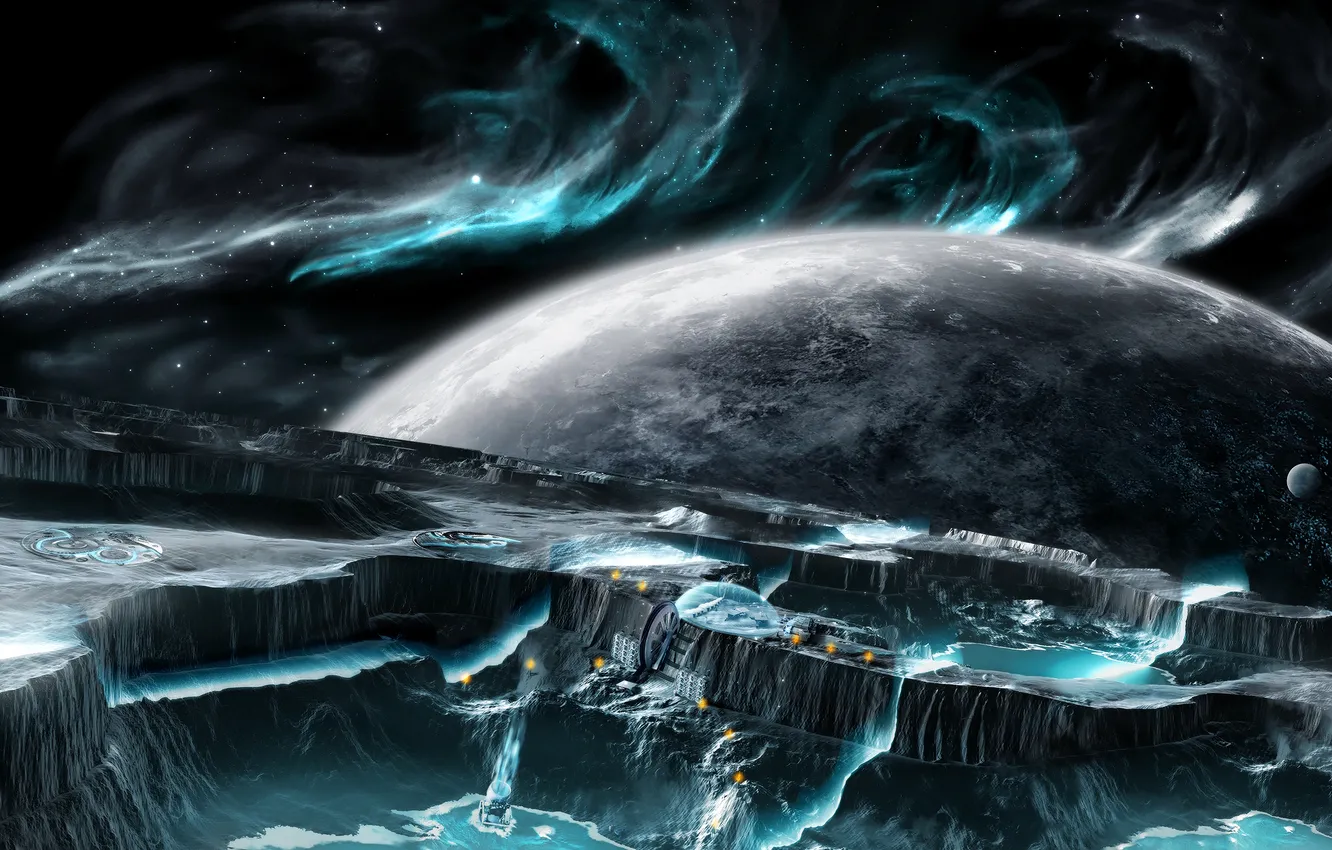 Photo wallpaper space, fiction, planet, art, base, meteorites