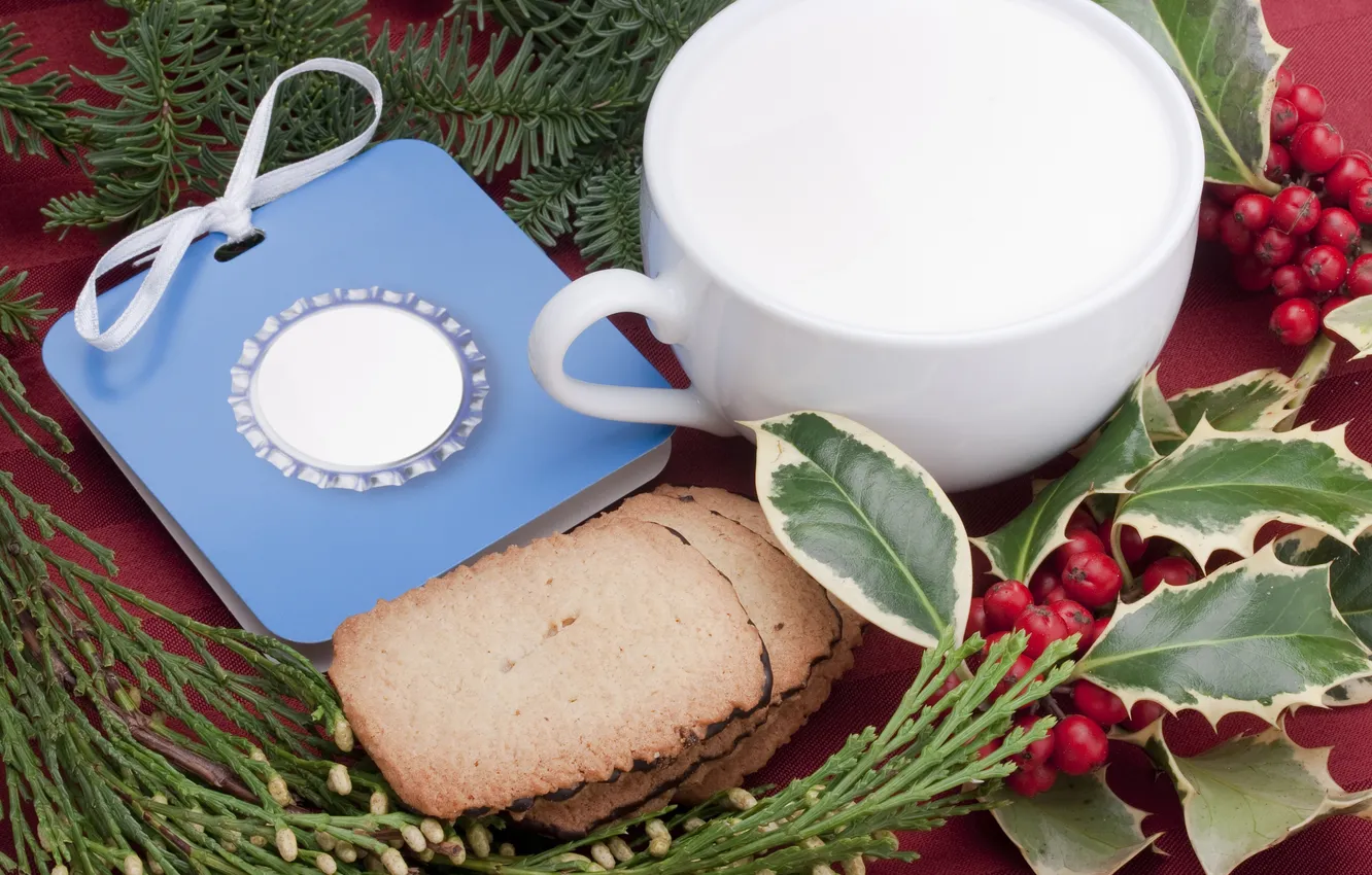 Photo wallpaper leaves, branches, berries, spruce, milk, cookies, Cup, Christmas