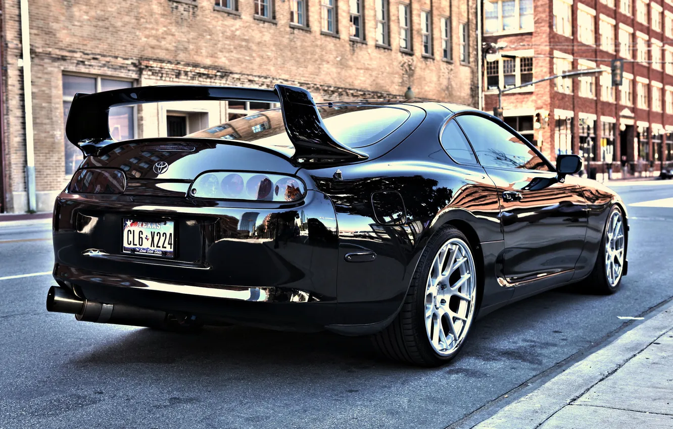 Photo wallpaper the city, reflection, black, Toyota, black, Supra, Toyota, supra