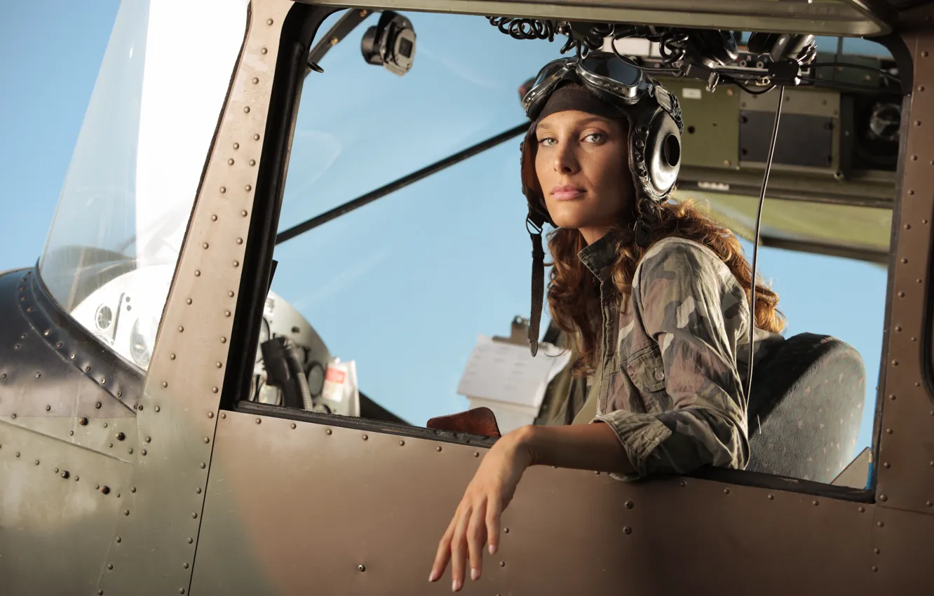 Photo wallpaper girl, helmet, cabin, pilot, the plane