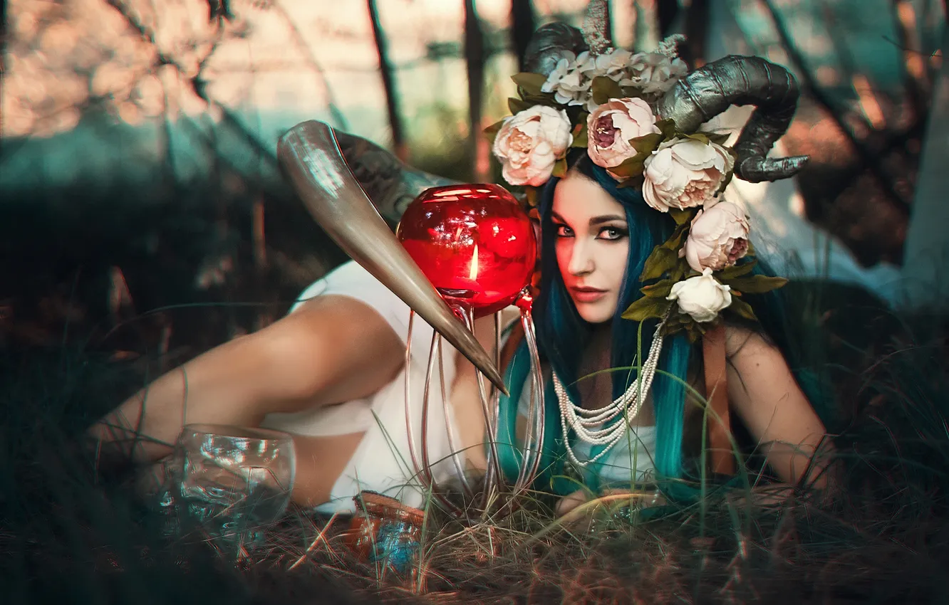 Photo wallpaper candles, pose, look, wreath, flowers, style, lies, nature