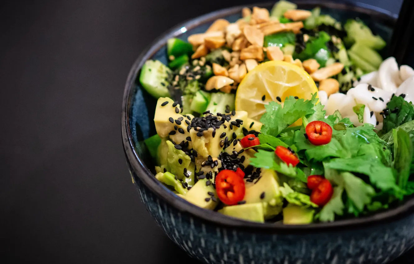 Photo wallpaper greens, lemon, food, bowl, fruit, vegetables, parsley, salad