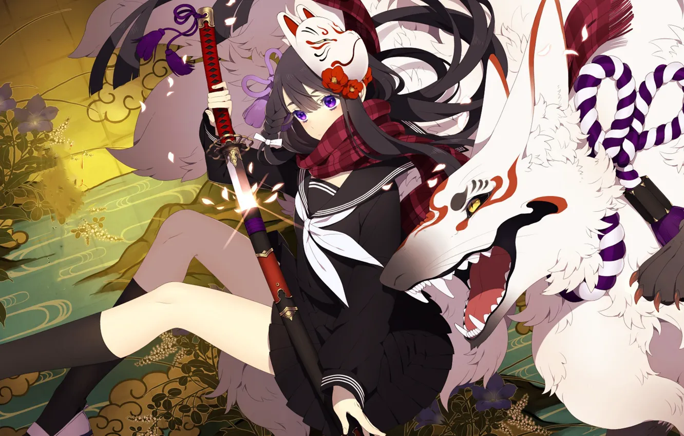 Photo wallpaper girl, sword, fox, anime, ken, spirit, blade, mask