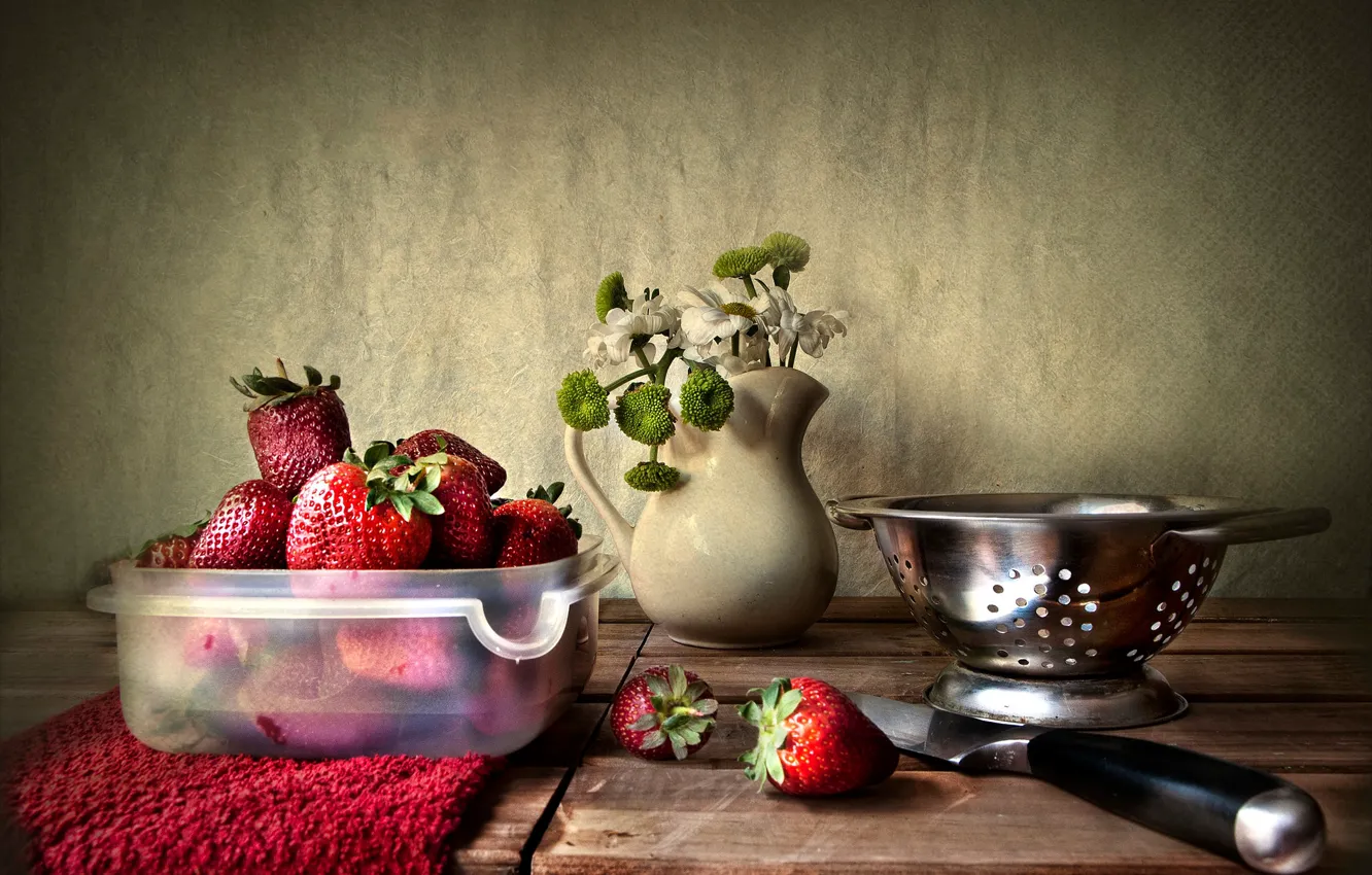 Photo wallpaper flowers, berries, strawberry, knife, pitcher, a bunch, дуршлыг