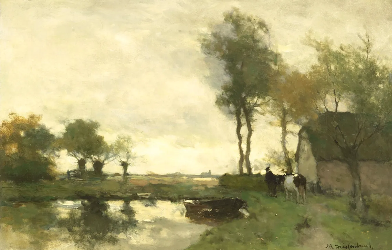 Photo wallpaper oil, picture, canvas, Johan Hendrik Weissenbruch, Landscape with a Farm Near Lake