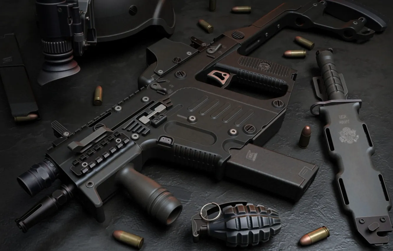 Photo wallpaper gun, USA, weapon, charger, knife, pearls, ammunition, Kriss Super V