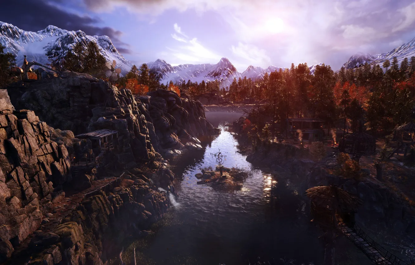 Photo wallpaper the sky, trees, sunset, mountains, river, Metro Exodus, Metro Exodus, Gamescom 2018