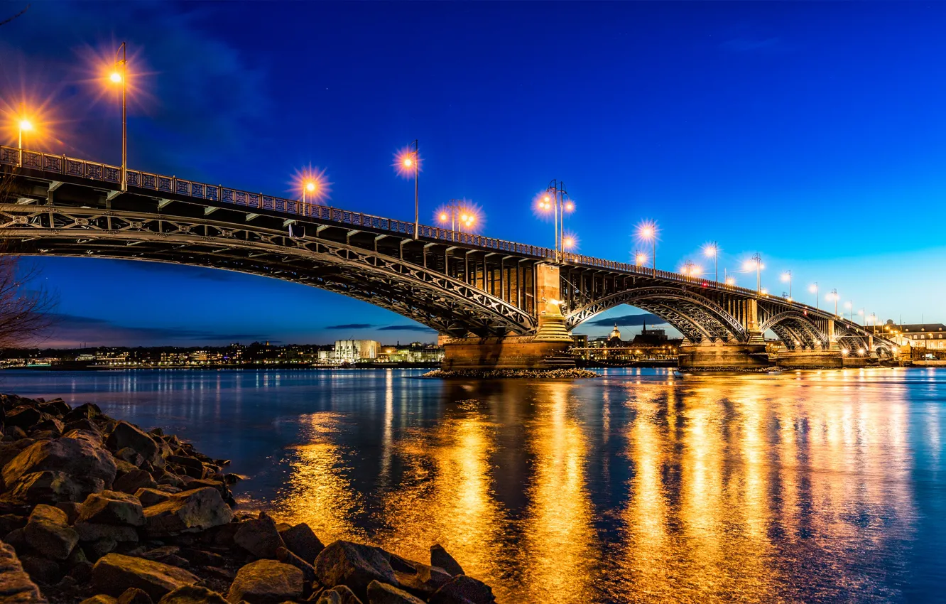Photo wallpaper bridge, the city, lights, river, Germany, Rhine, Mainz, Theodor Heuss Bridge