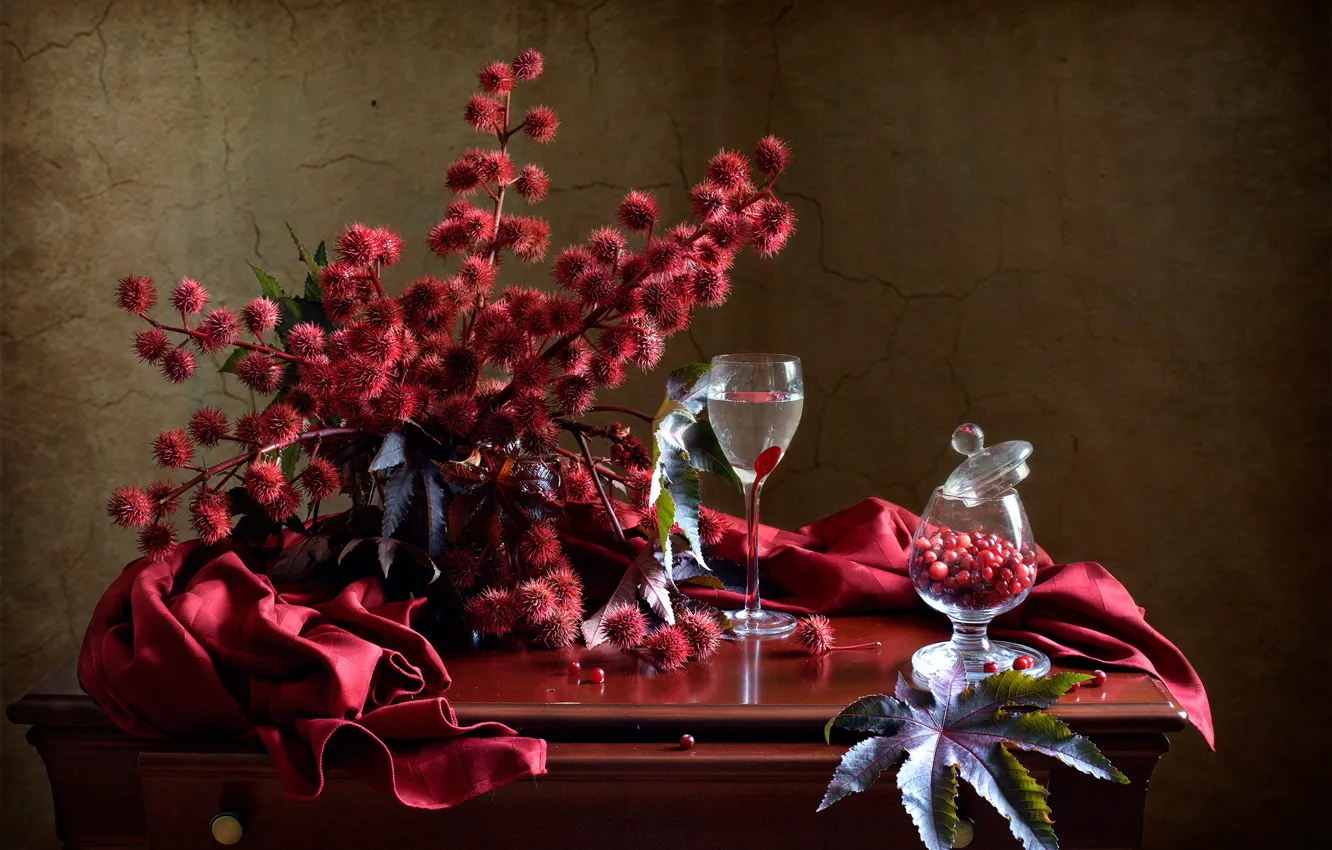 Photo wallpaper branches, berries, glasses, fabric, still life, table, cranberry, castor bean