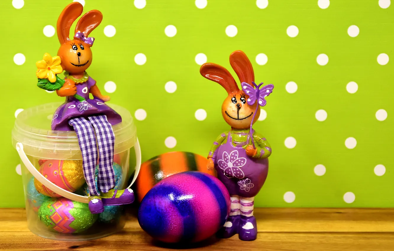 Photo wallpaper Bunny, rabbit, toy, Easter, green background, eggs, candy, rainbow