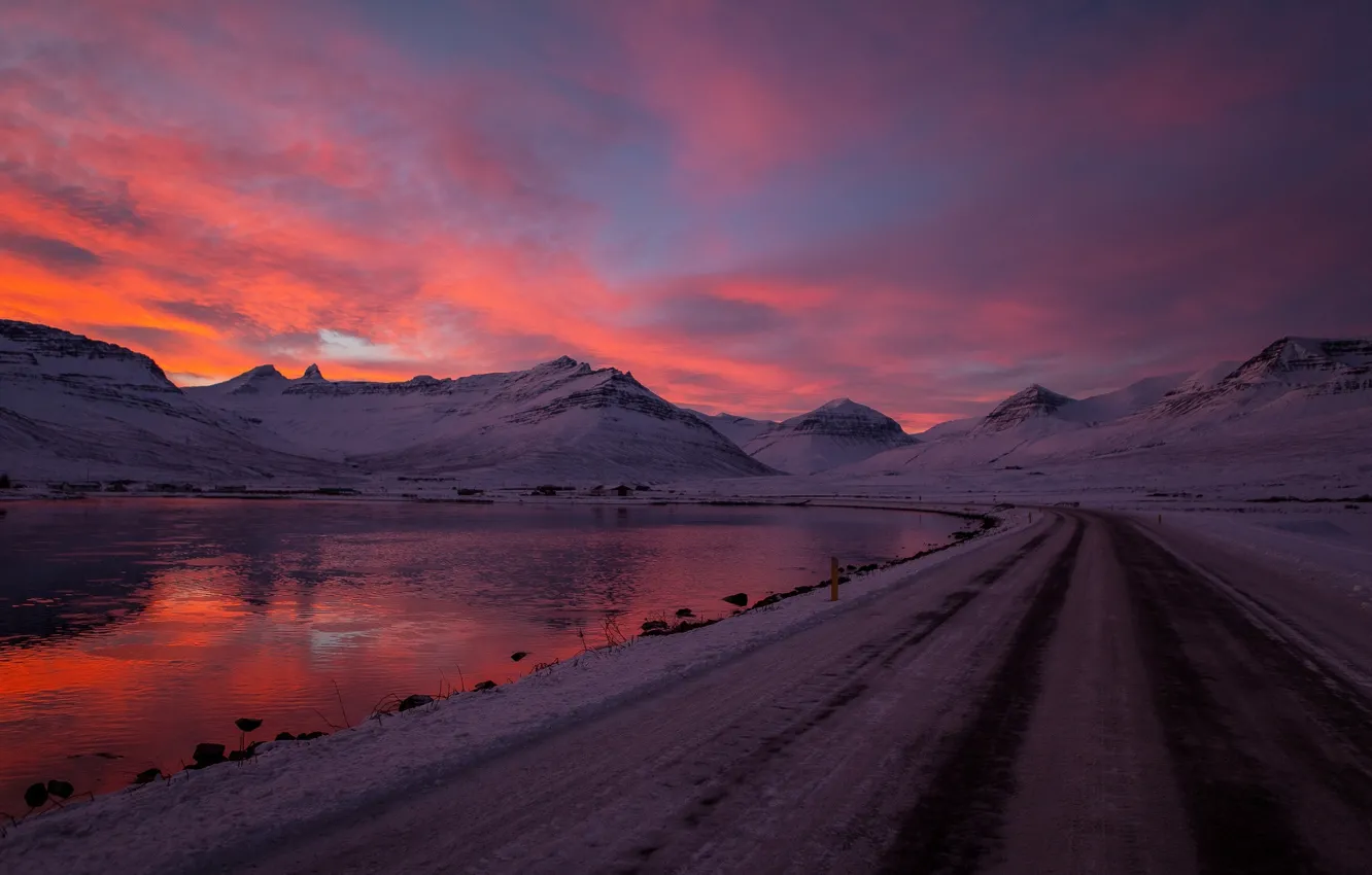 Photo wallpaper winter, road, the sky, water, clouds, snow, sunset, mountains