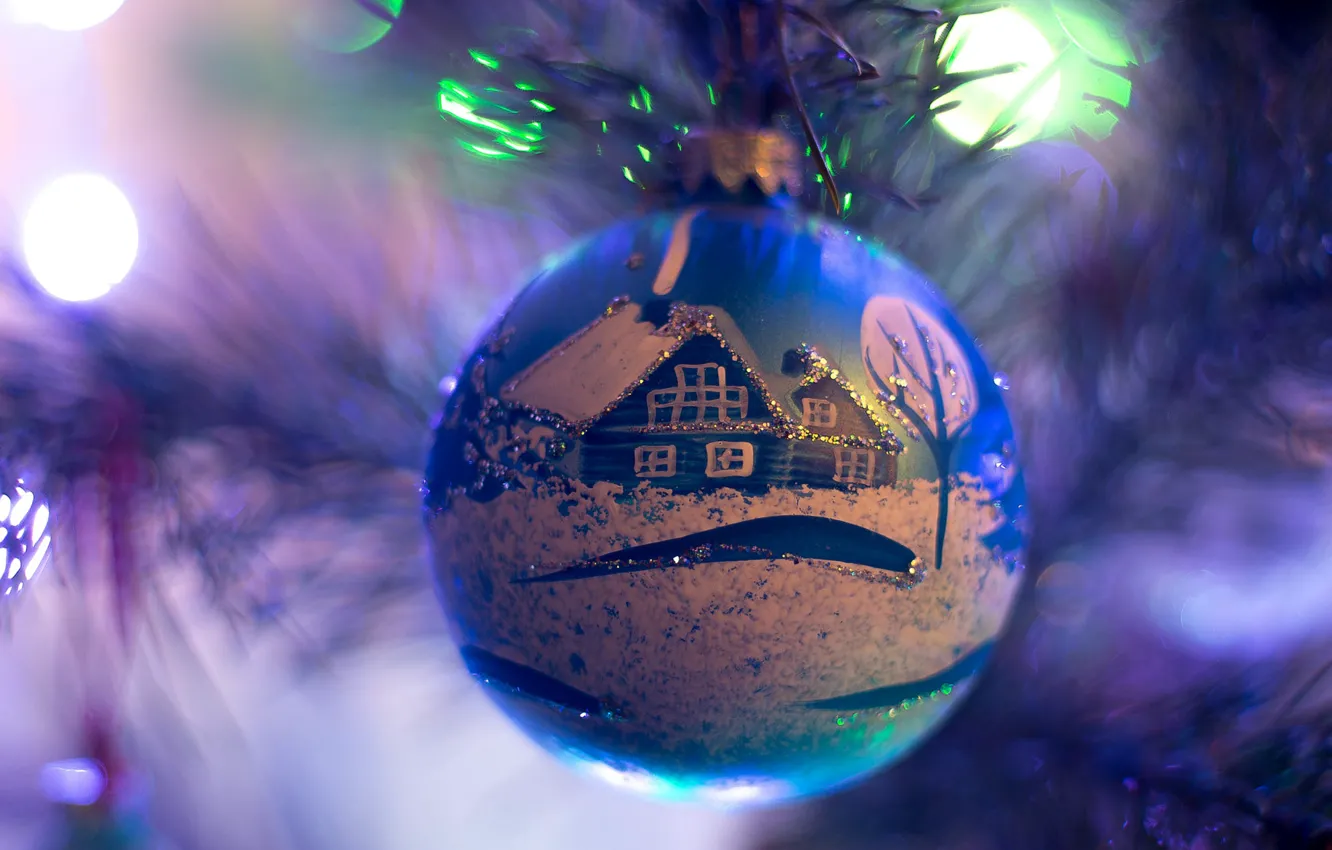 Photo wallpaper balls, garland, house, light, snow, winter, blur, Christmas toy