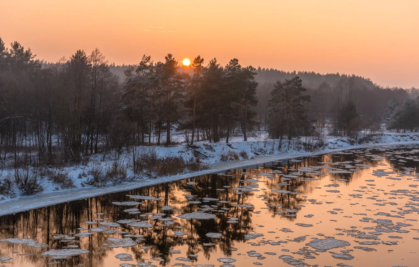 Photo wallpaper trees, sunset, river, sunrise, Ruslan Avdevich, pervoledye, reflection in the water.