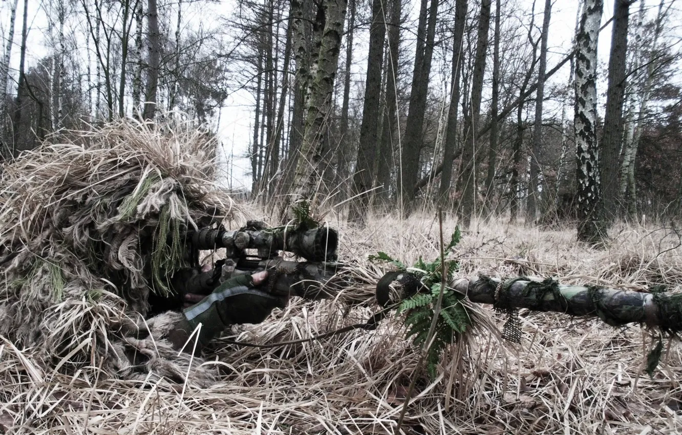 Photo wallpaper grass, weapons, disguise, sniper, camouflage, rifle, professional