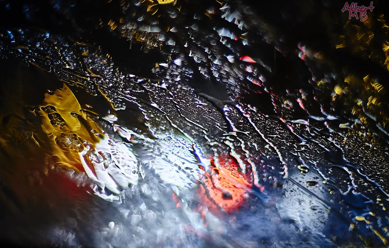 Photo wallpaper water, drops, macro, night, lights, rain, Glass, bokeh