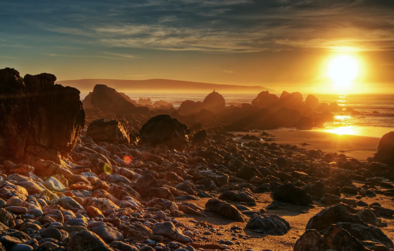 Photo wallpaper light, beach, coast, glow, evening, sun, stones, decline