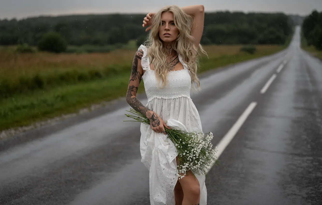 Photo wallpaper road, girl, flowers, pose, hands, tattoo, blonde, sundress