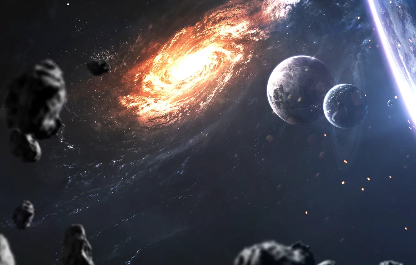 Photo wallpaper space, light, space, planet, satellite, hole, asteroids, art