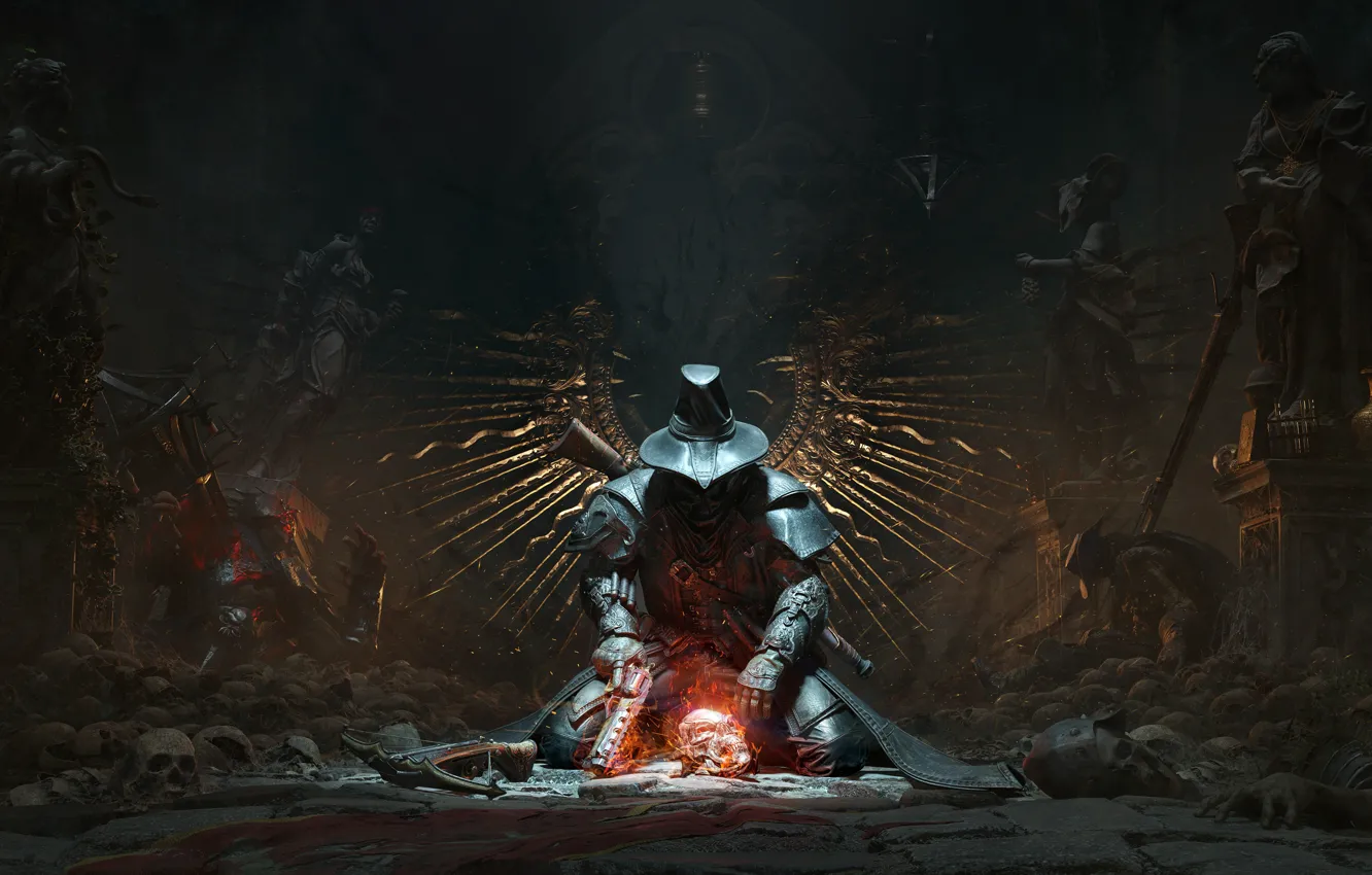 Photo wallpaper dark, gun, man, rifle, revolver, Witcher, mist, temple