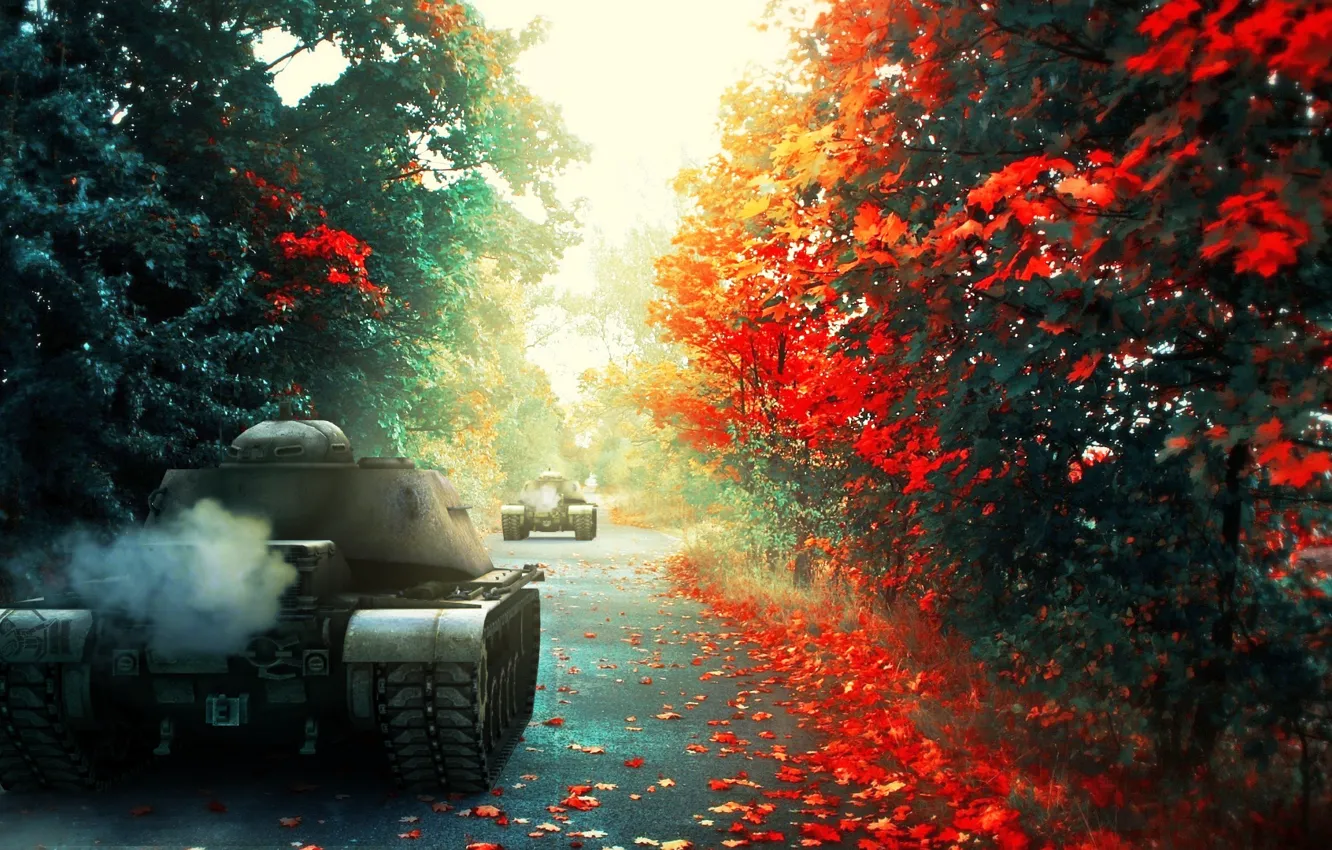 Photo wallpaper road, autumn, forest, art, tanks, WoT, World of Tanks, S. T. V. O. L.