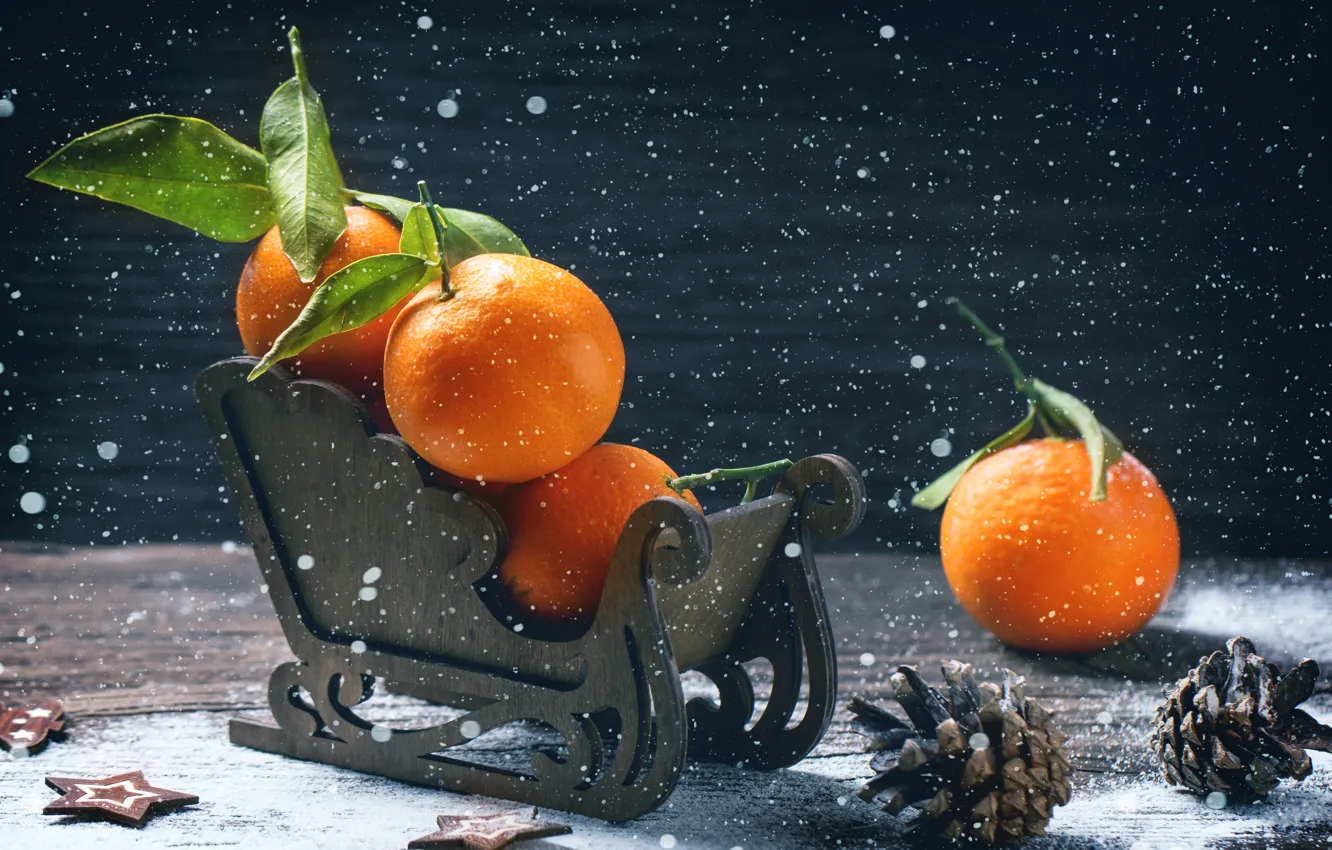 Photo wallpaper winter, holiday, Board, new year, fruit, sleigh, bumps, tangerines
