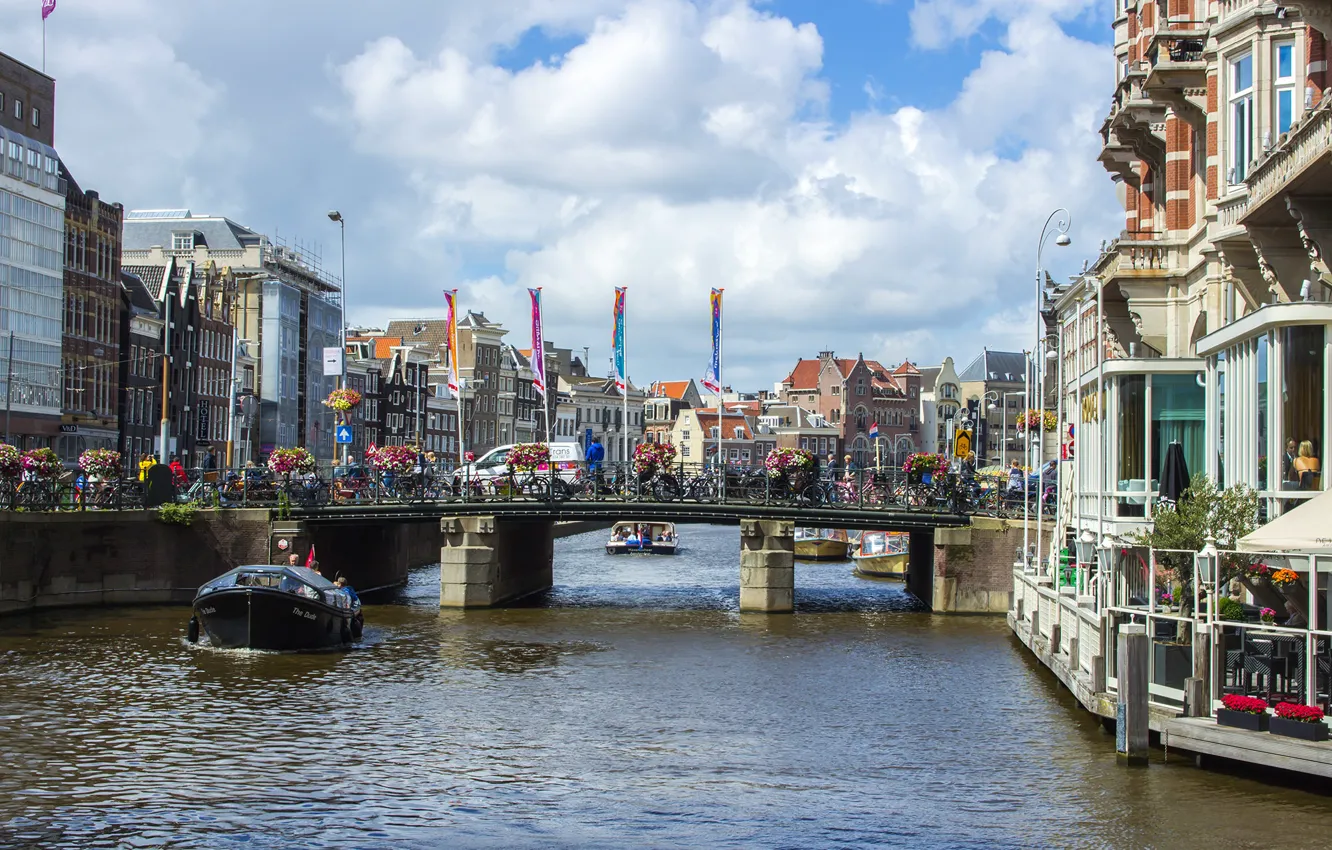 Photo wallpaper water, bridge, the city, boat, building, Amsterdam, channel, architecture