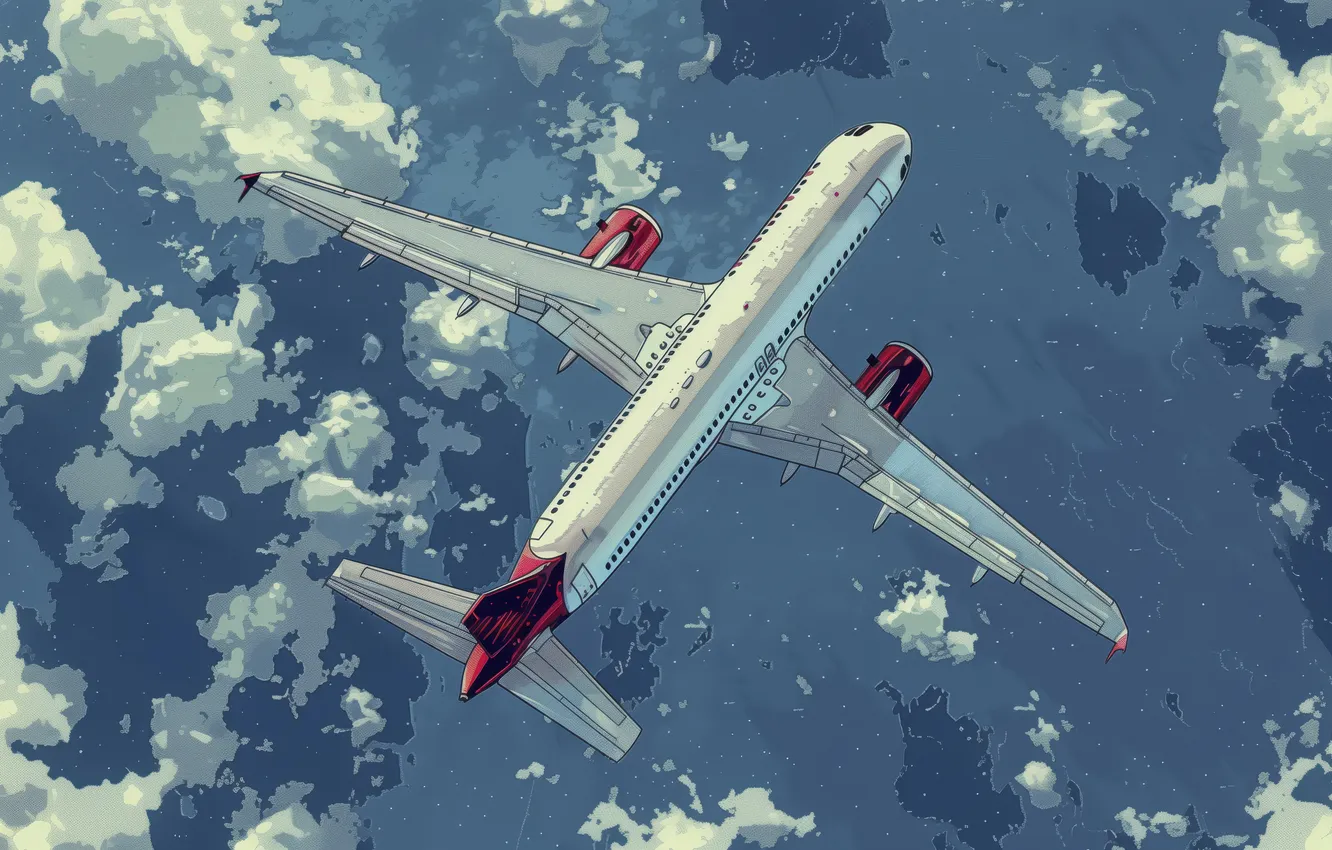 Photo wallpaper clouds, flight, art, top, the plane, liner