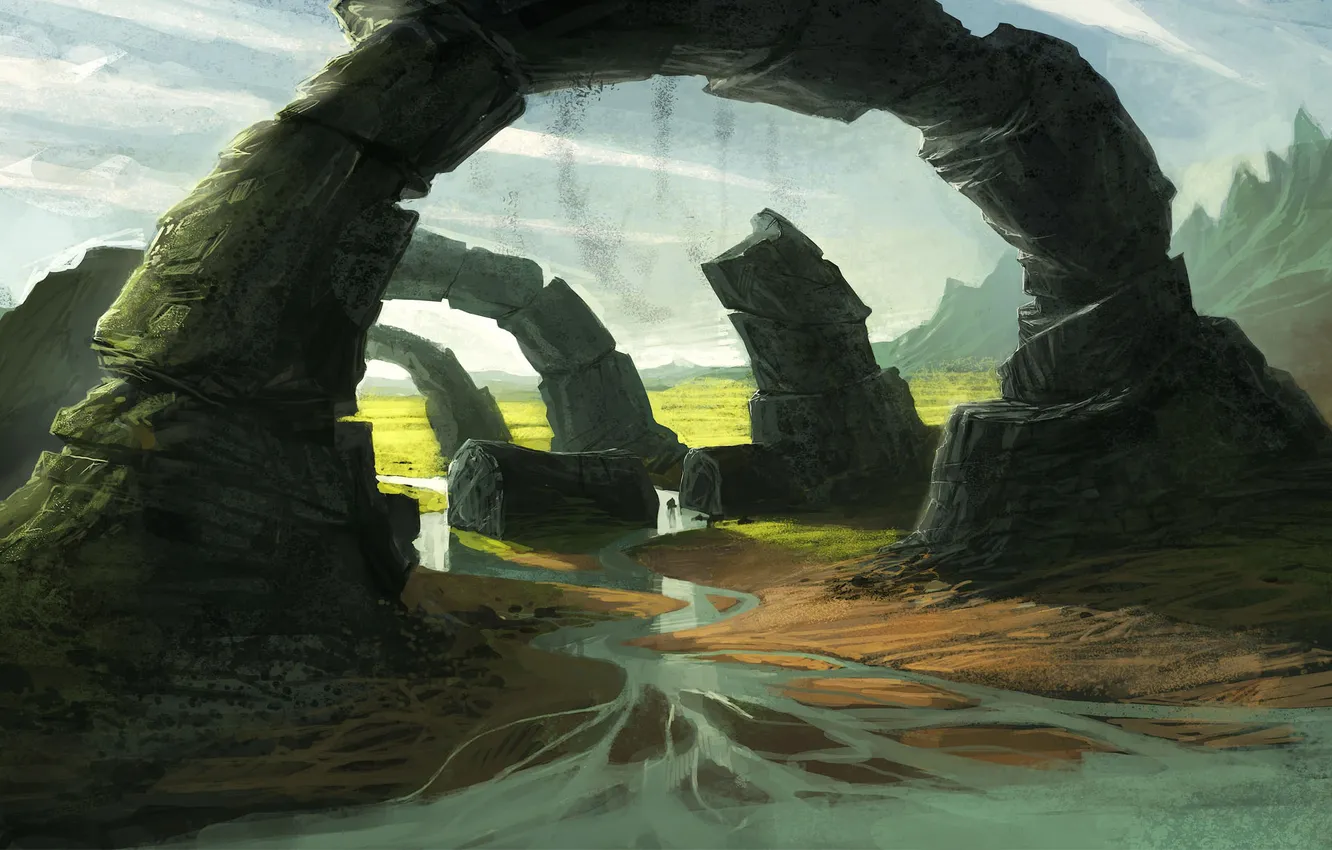 Photo wallpaper the wreckage, landscape, river, stones, rocks, art, arch, ruins