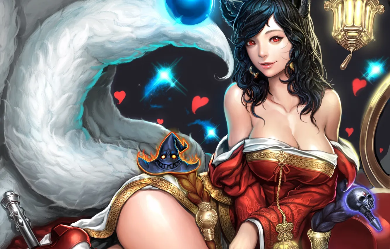 Photo wallpaper girl, art, lights, tail, ears, Shen, League of Legends, Ahri