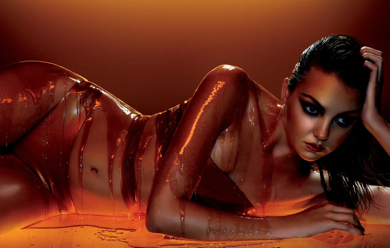 Photo wallpaper girl, brunette, syrup, caramel, sweet