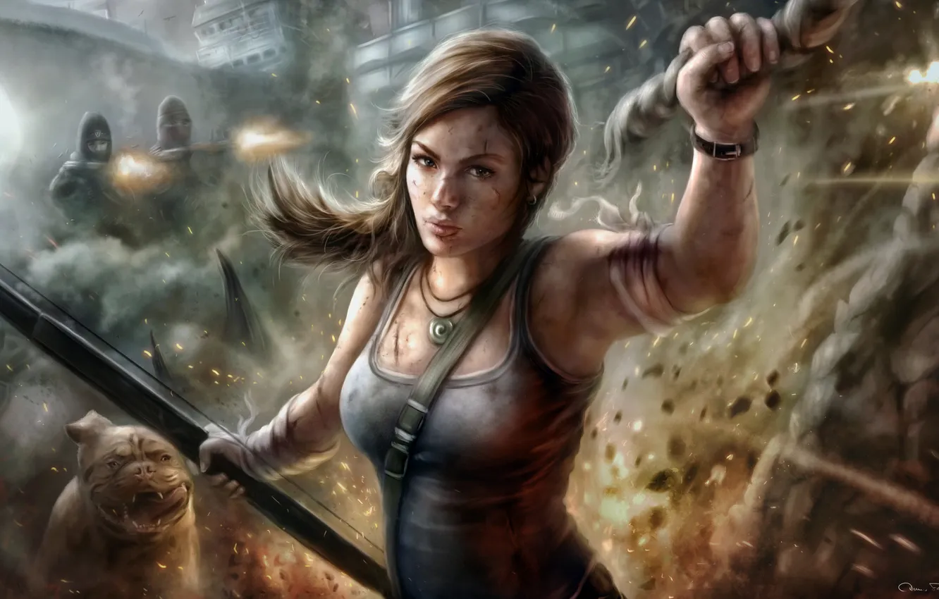 Photo wallpaper girl, chase, sparks, Tomb Raider, Lara Croft, wounds