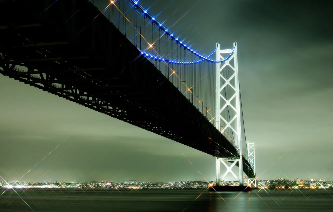 Photo wallpaper bridge, the city, lights, Japan, Japan, Akashi-Kaikyo, Akashi Kaikyō Bridge