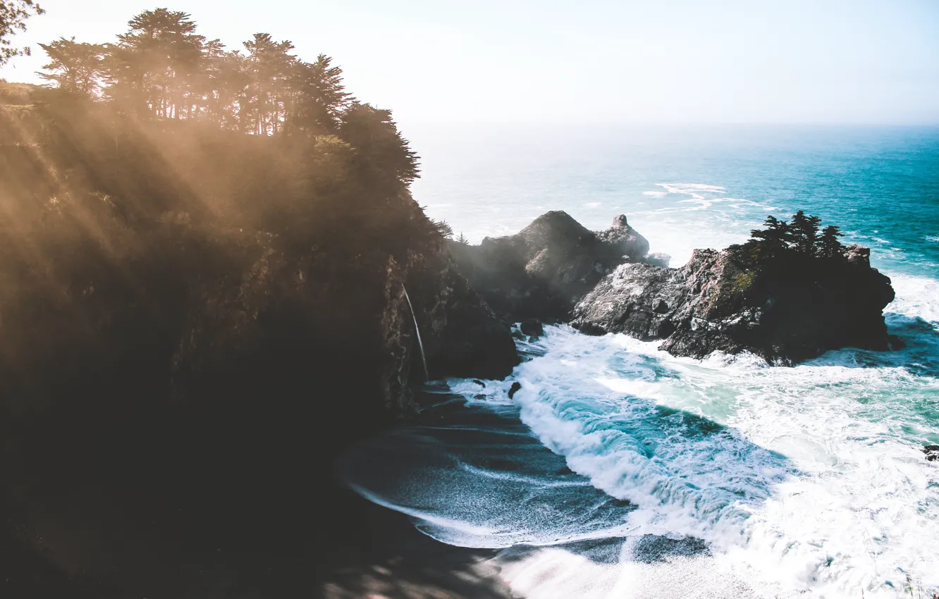 Photo wallpaper wave, mountains, the ocean, rocks, surf, United States, Big Sur