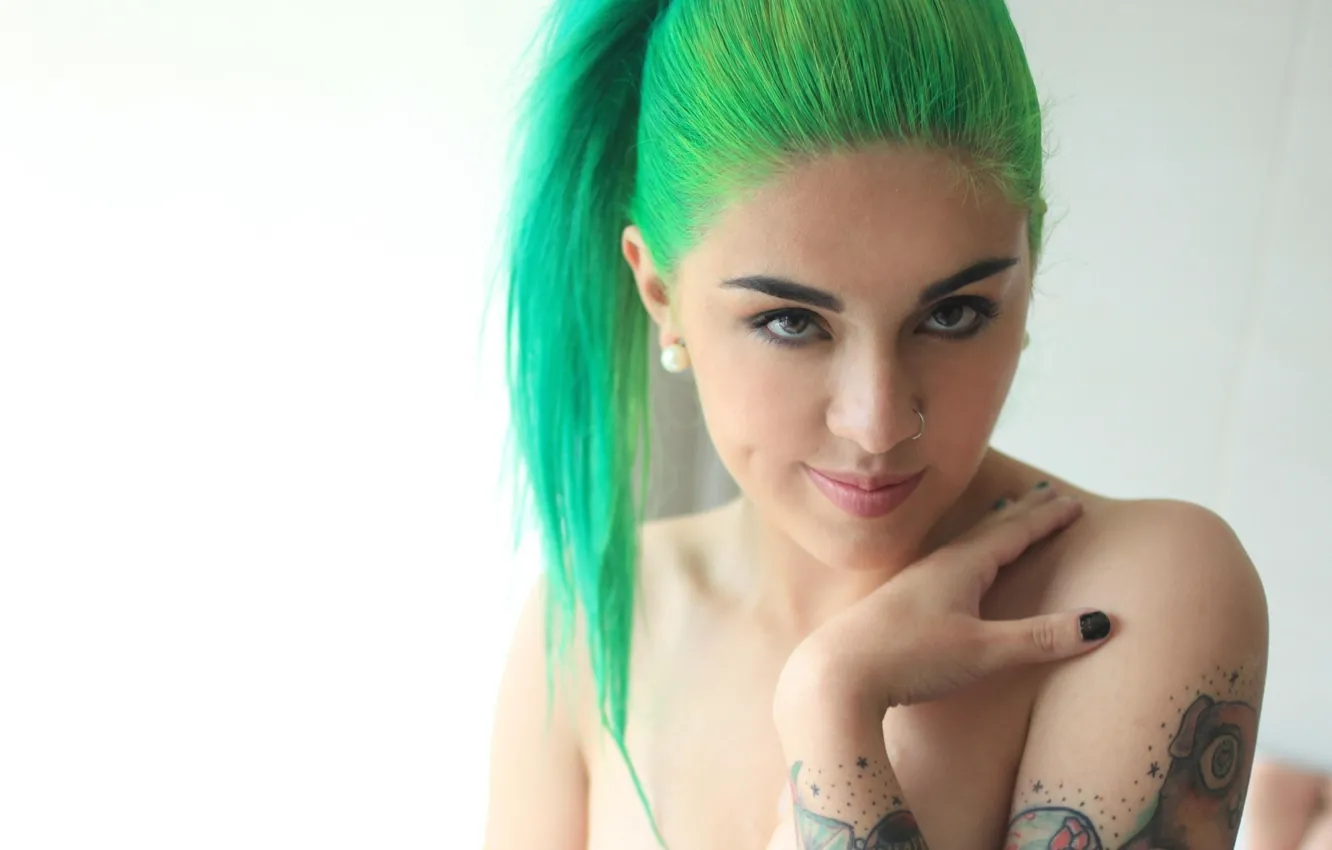 Photo wallpaper beautiful, piercing, tattoos, green hair, Suicide Girls, 2432x1368, coloured hair