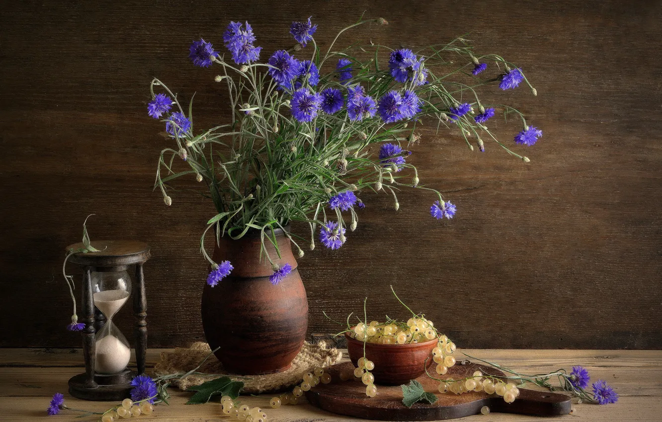 Photo wallpaper white, flowers, blue, berries, table, food, bouquet, still life