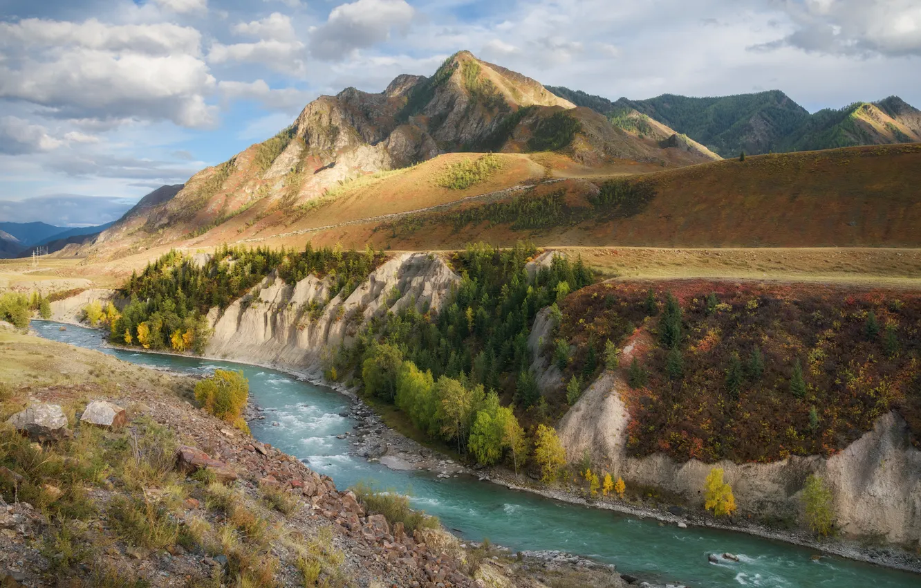 Photo wallpaper forest, clouds, light, mountains, river, rocks, shore, for