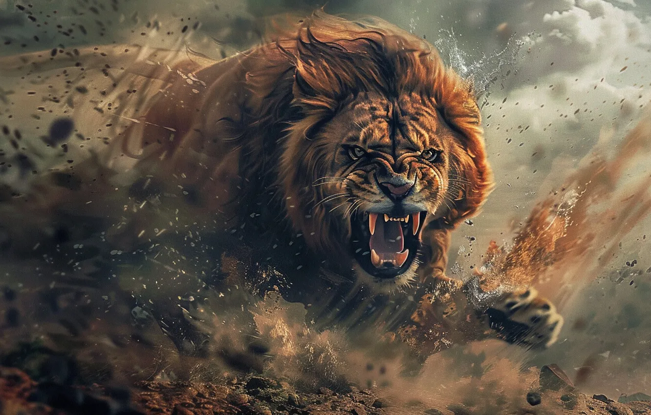 Photo wallpaper face, attack, paw, Leo, dirt, mouth, grin, aggression
