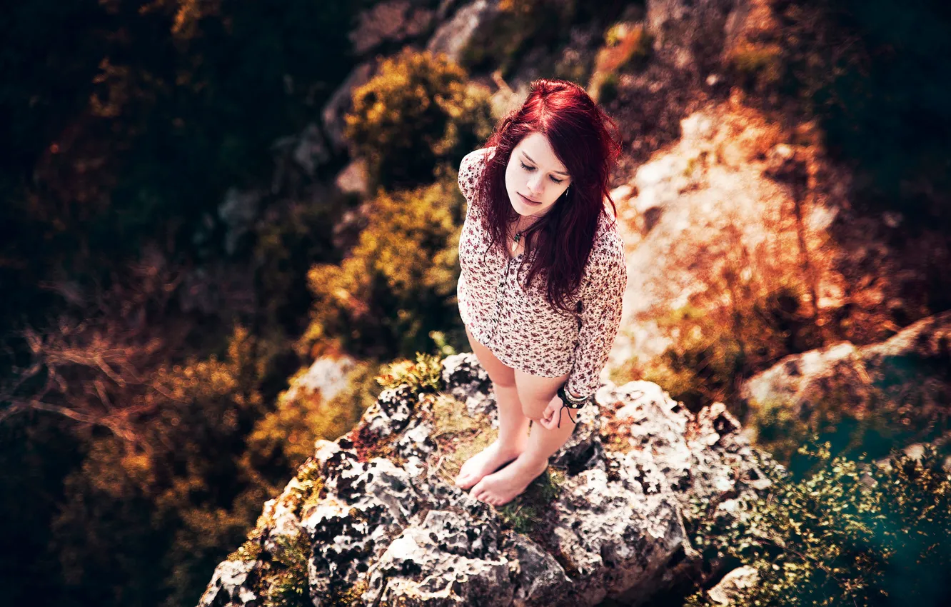 Photo wallpaper girl, the sun, nature, rock, height, redhead, Lorène