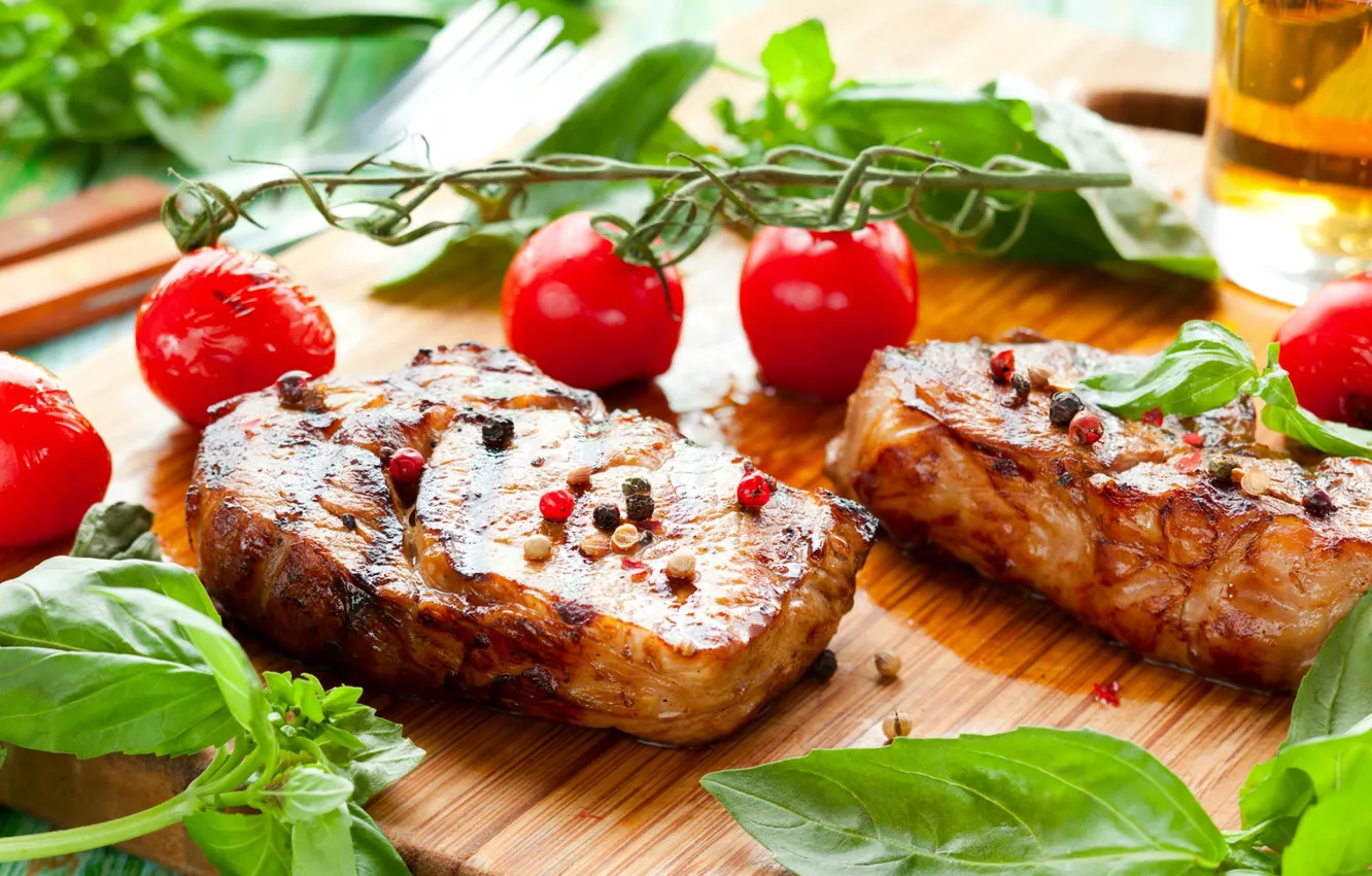 Photo wallpaper meat, tomatoes, spices, steak, Basil