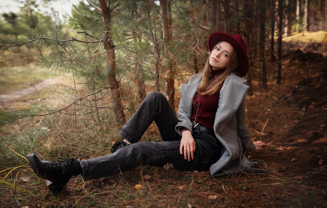 Photo wallpaper forest, look, girl, pose, model, jeans, coat